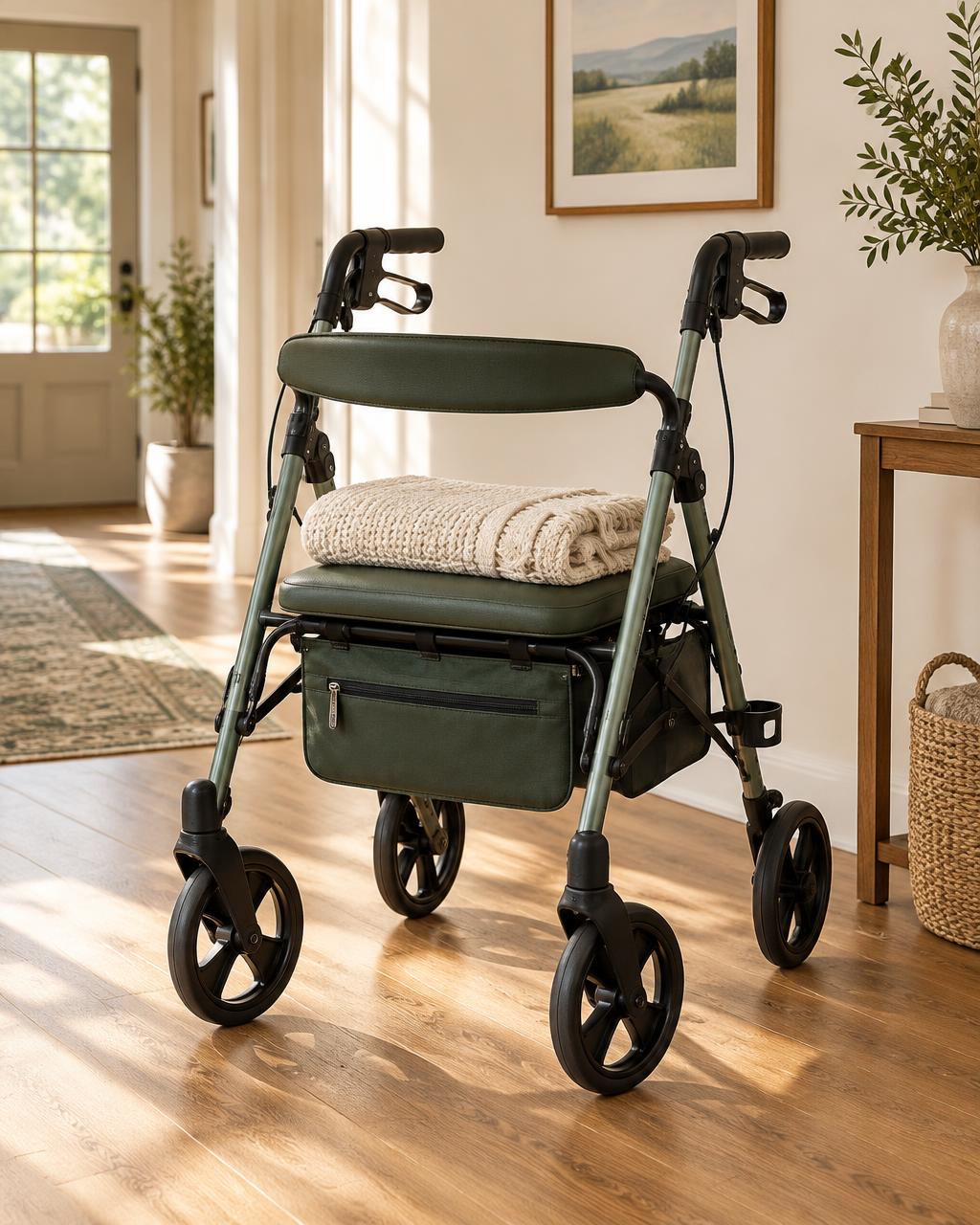 Rollator walker with a seat in a bright home hallway
