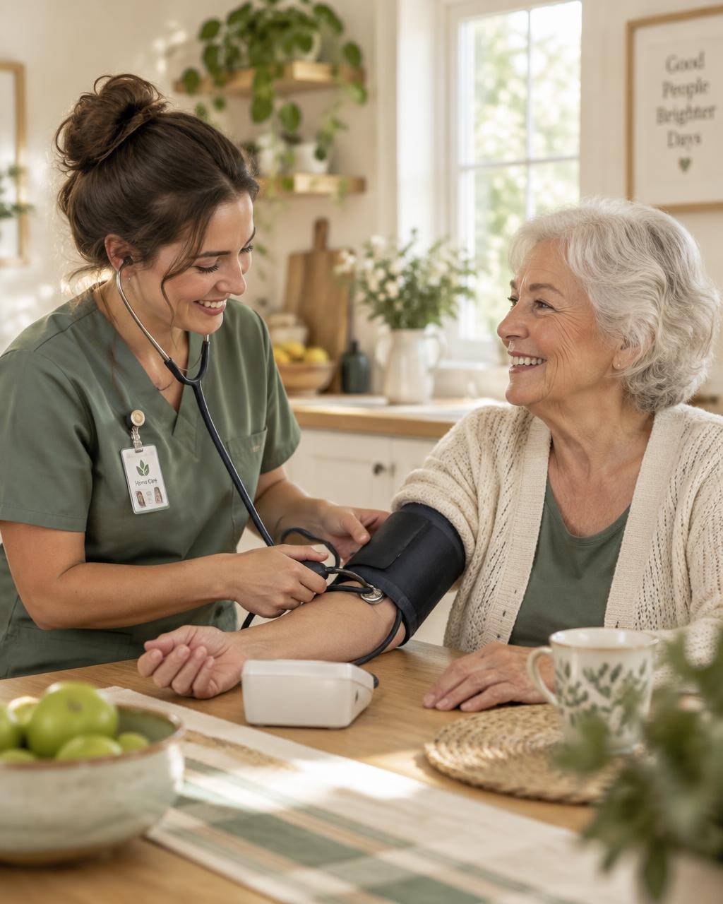 Caregiver taking a senior woman's blood pressure at home